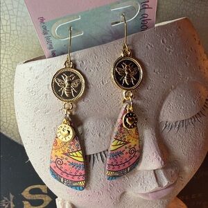 Gold bee and Multicolor clay Dangle Earrings